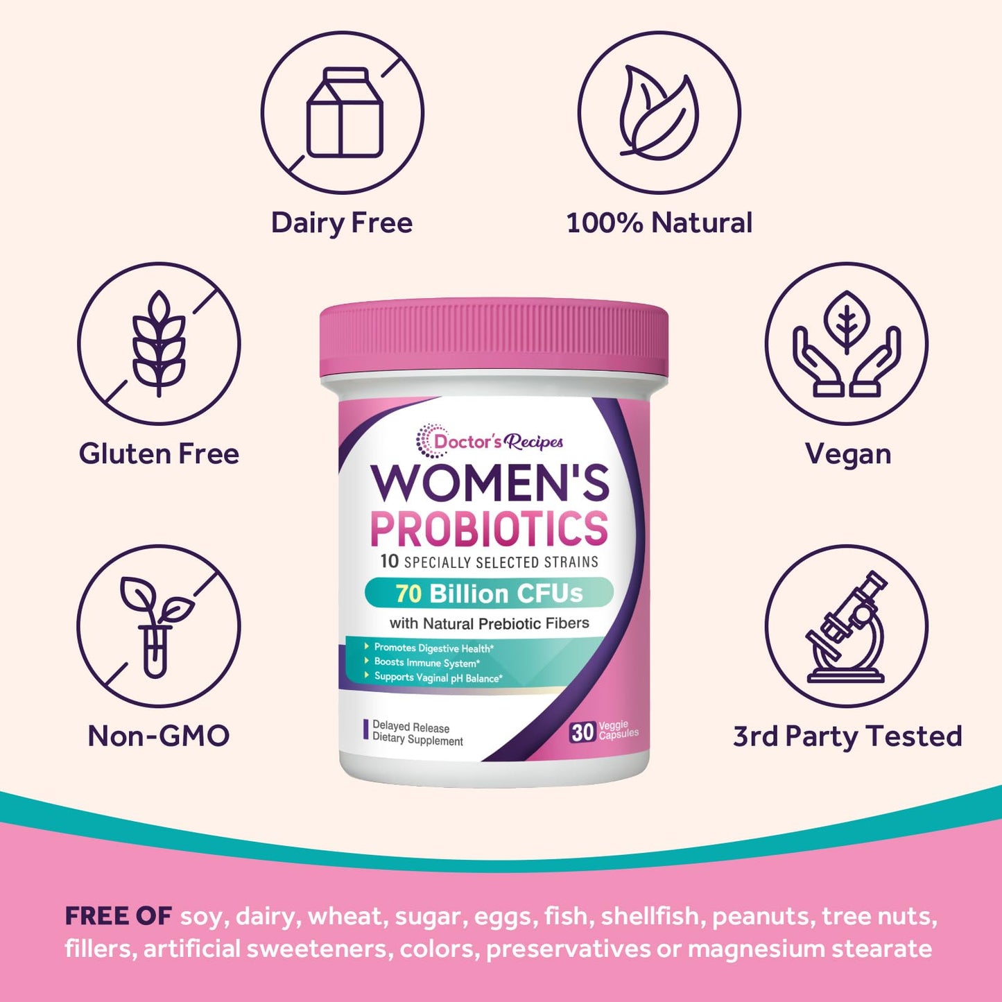 Doctor's Recipes Women's Probiotics — 70B CFU, 10 Strains, Organic Prebiotics, Digestive & Vaginal Health
