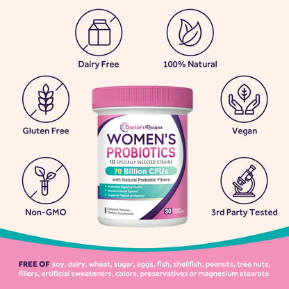 Doctor's Recipes Women's Probiotics — 70B CFU, 10 Strains, Organic Prebiotics, Digestive & Vaginal Health