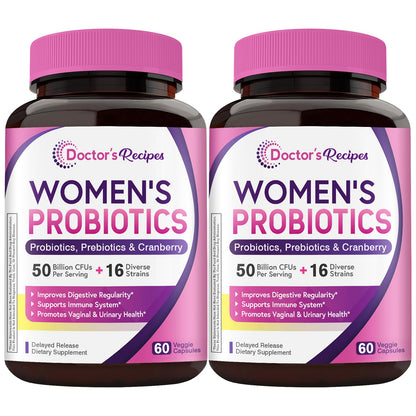 Doctor's Recipes Women's Probiotics | 50 Billion CFU, 16 Strains, Prebiotics & Cranberry | Shelf-Stable, Delayed Release | 120 Capsules (Pack of 2) | 60-Day Supply