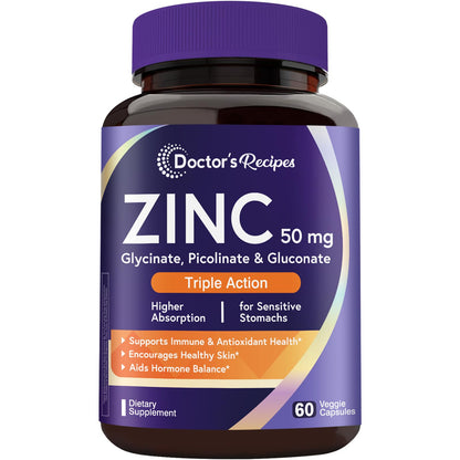 Doctor's Recipes Zinc Supplement 50mg – Triple Action Immune Support | 60 Capsules
