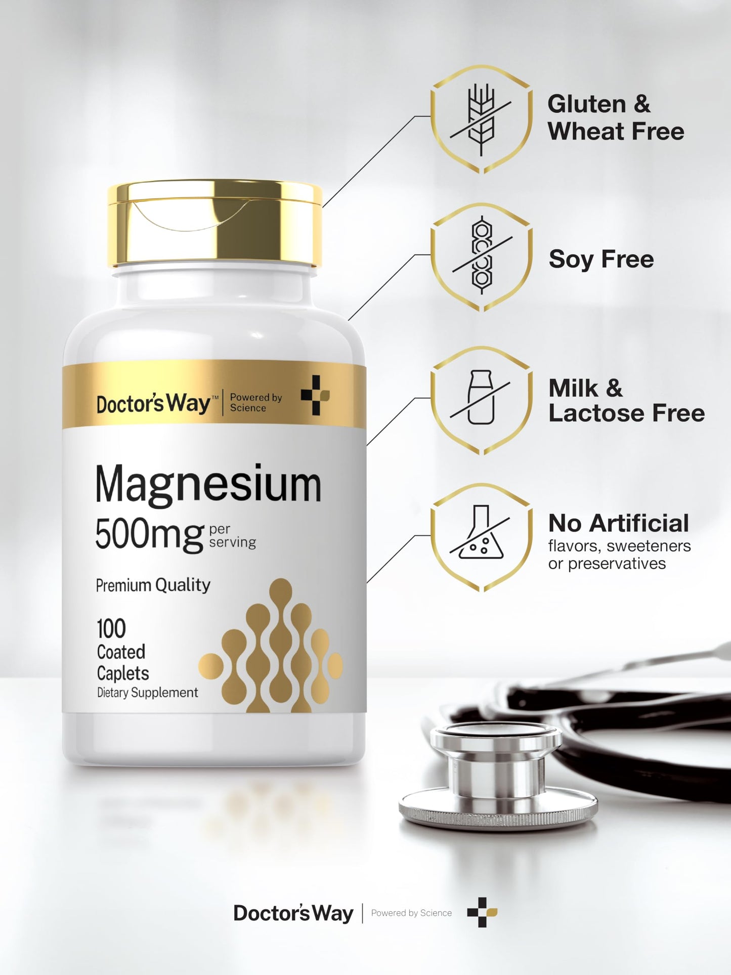 Doctor's Way Magnesium 500mg - 100 Coated Caplets | Magnesium Oxide | Vegetarian, Non-GMO, Gluten Free