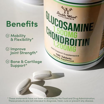 Glucosamine Chondroitin Triple Strength 1500/1200mg – 180 Tablets | Gluten Free, Non-GMO | Double Wood