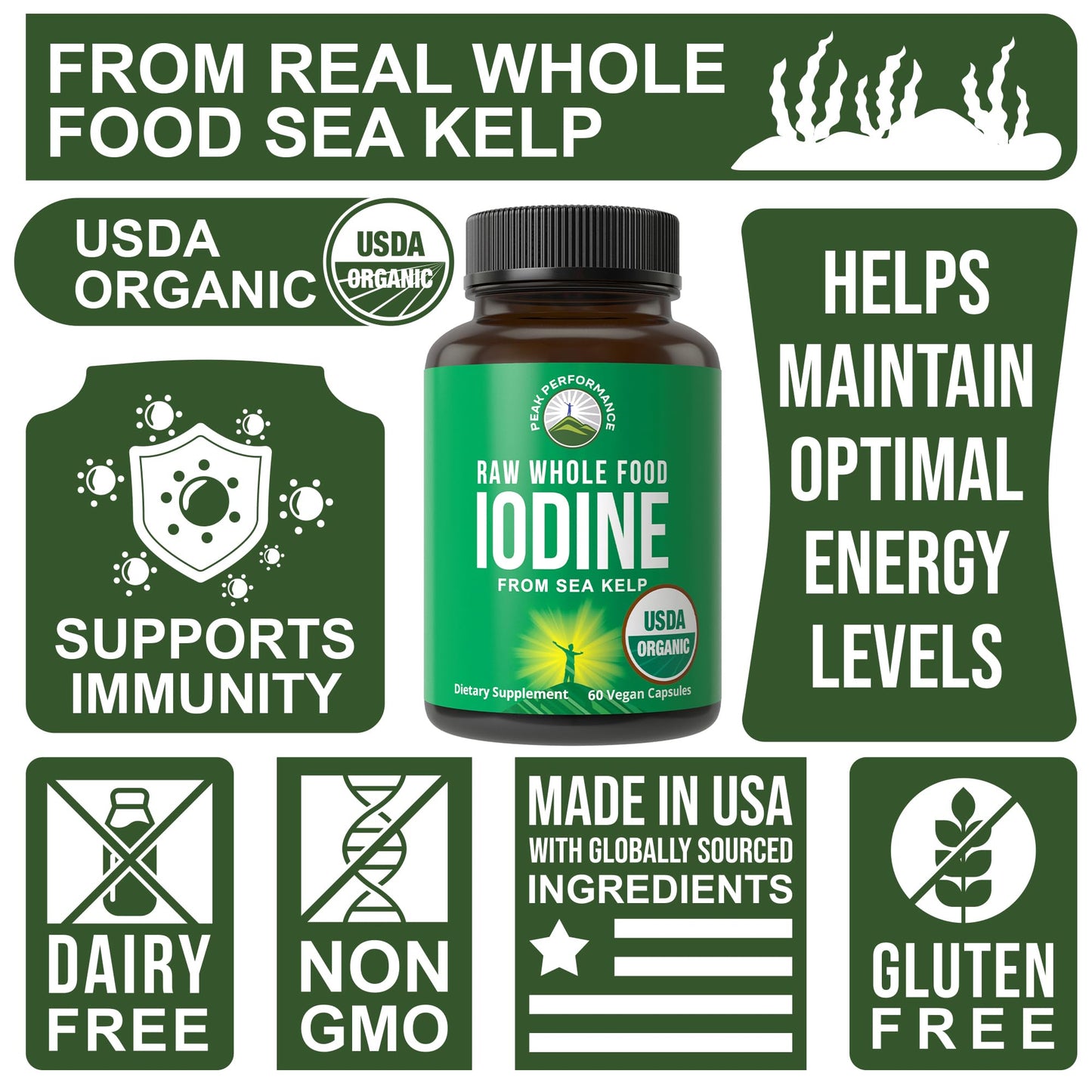 USDA Organic Raw Whole Food Iodine Supplement from Organic Kelp (Ascophyllum Nodosum) – 60 Vegan Capsules