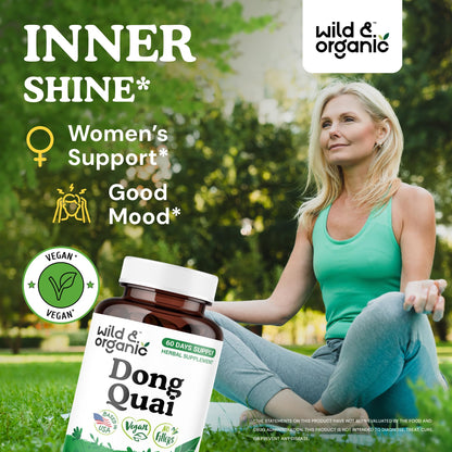 Wild & Organic Dong Quai Capsules for Women - 1000 mg per Serving - Pure Dong Quai Supplement - Angelica Root Herb - 60-Day Supply - Non-GMO, Vegan, Gluten-Free - 120 Count