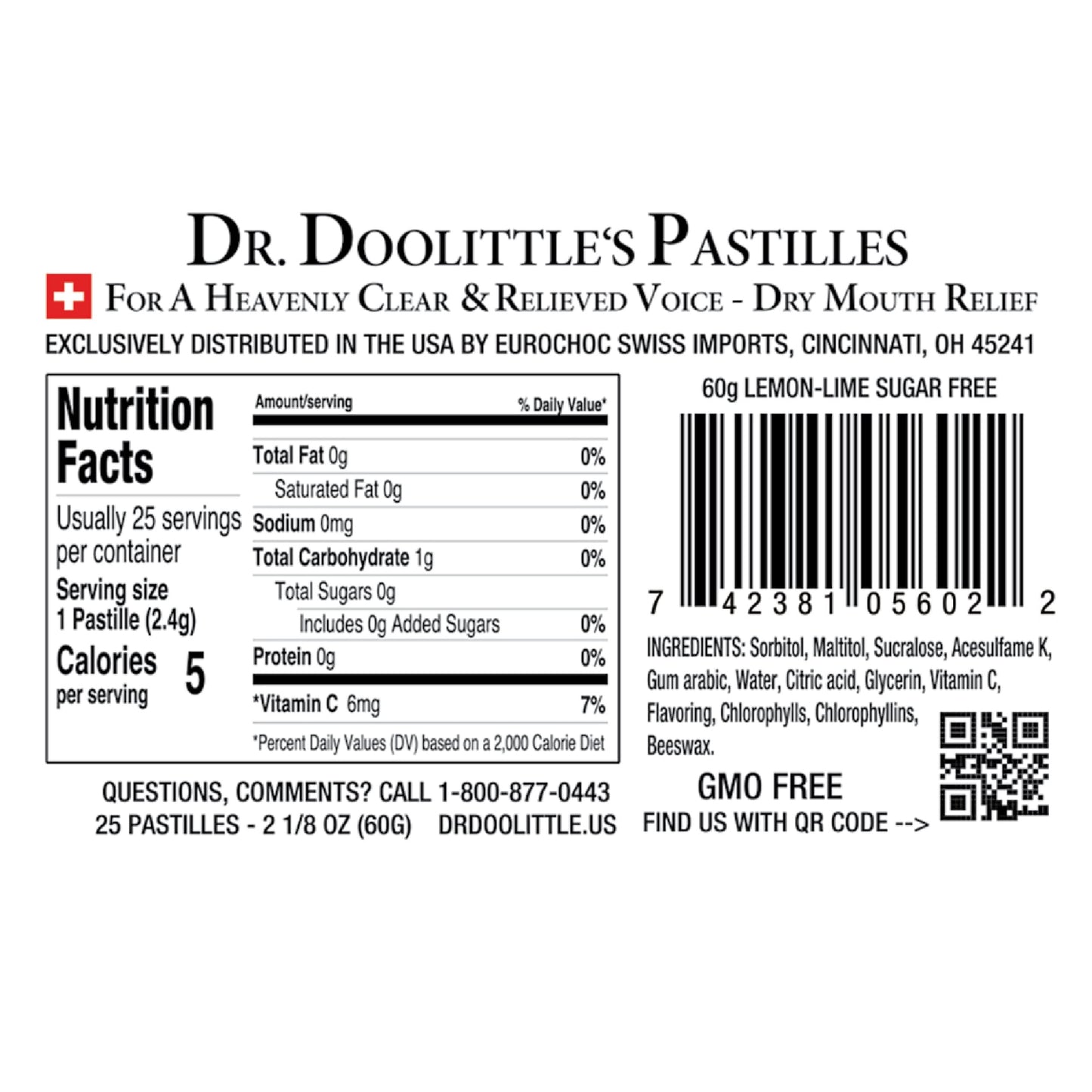 DOOLITTLE Dr Sugar Free Soft Fruit Pastilles for Voice and Throat – Lemon Lime, 2.12 oz Tin, Approximately 25 Count