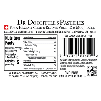 DOOLITTLE Dr Sugar Free Soft Fruit Pastilles for Voice and Throat – Lemon Lime, 2.12 oz Tin, Approximately 25 Count