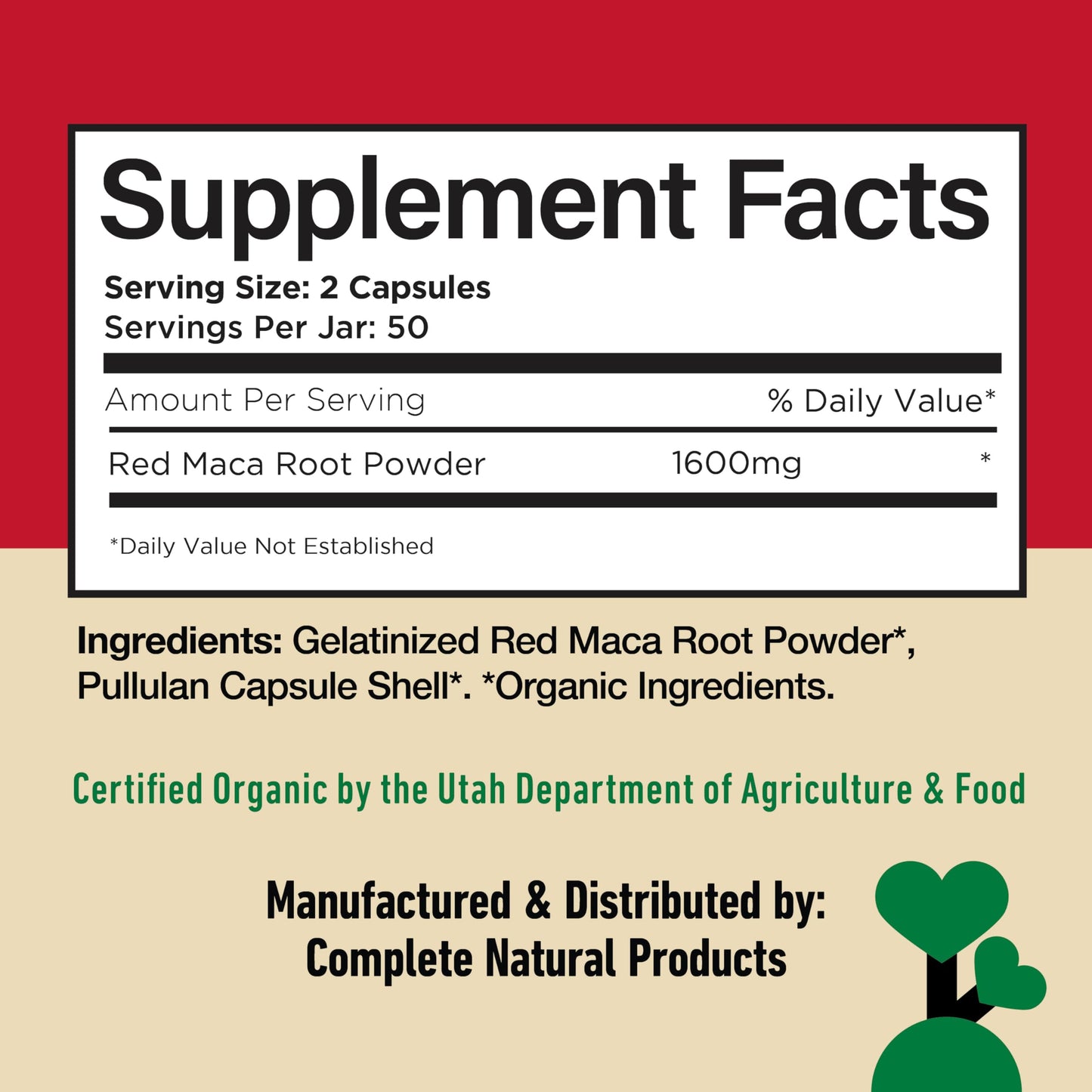 Complete Natural Products Organic Red Maca Root Capsules - 800mg Gelatinized, 2-Pack