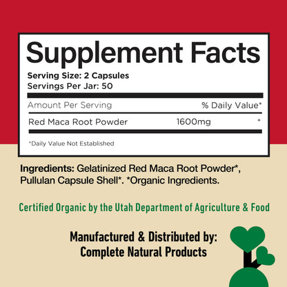 Complete Natural Products Organic Red Maca Root Capsules - 800mg Gelatinized, 2-Pack