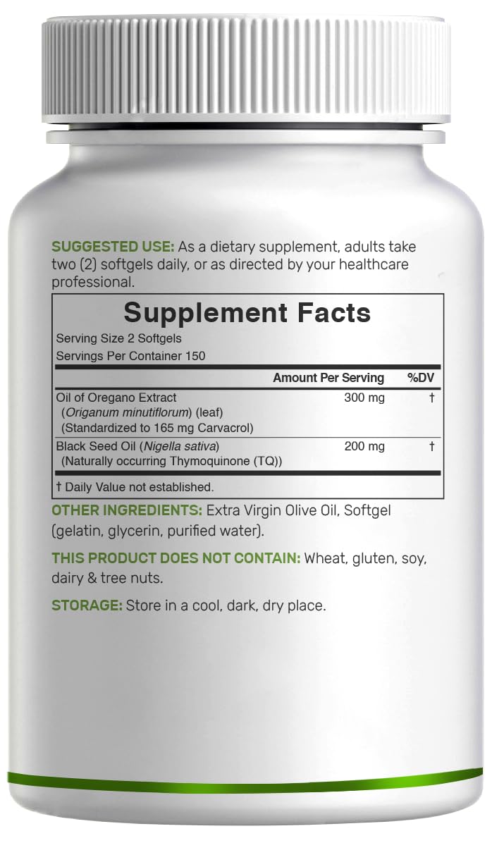 Oil of Oregano Softgels with Black Seed Oil – 300 Count (30:1 Extract) | Carvacrol & Thymoquinone – Antioxidant Immune Support – Plant Based, Non-GMO