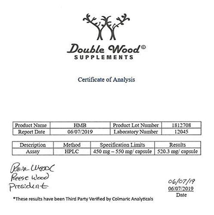 Double Wood HMB Supplement – 120 Capsules, 1000mg per Serving, Third-Party Tested