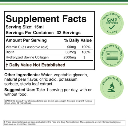 Double Wood Premium Liquid Collagen 2500mg + Biotin - 32 Servings (Grass-Fed, Sugar Free Pear)