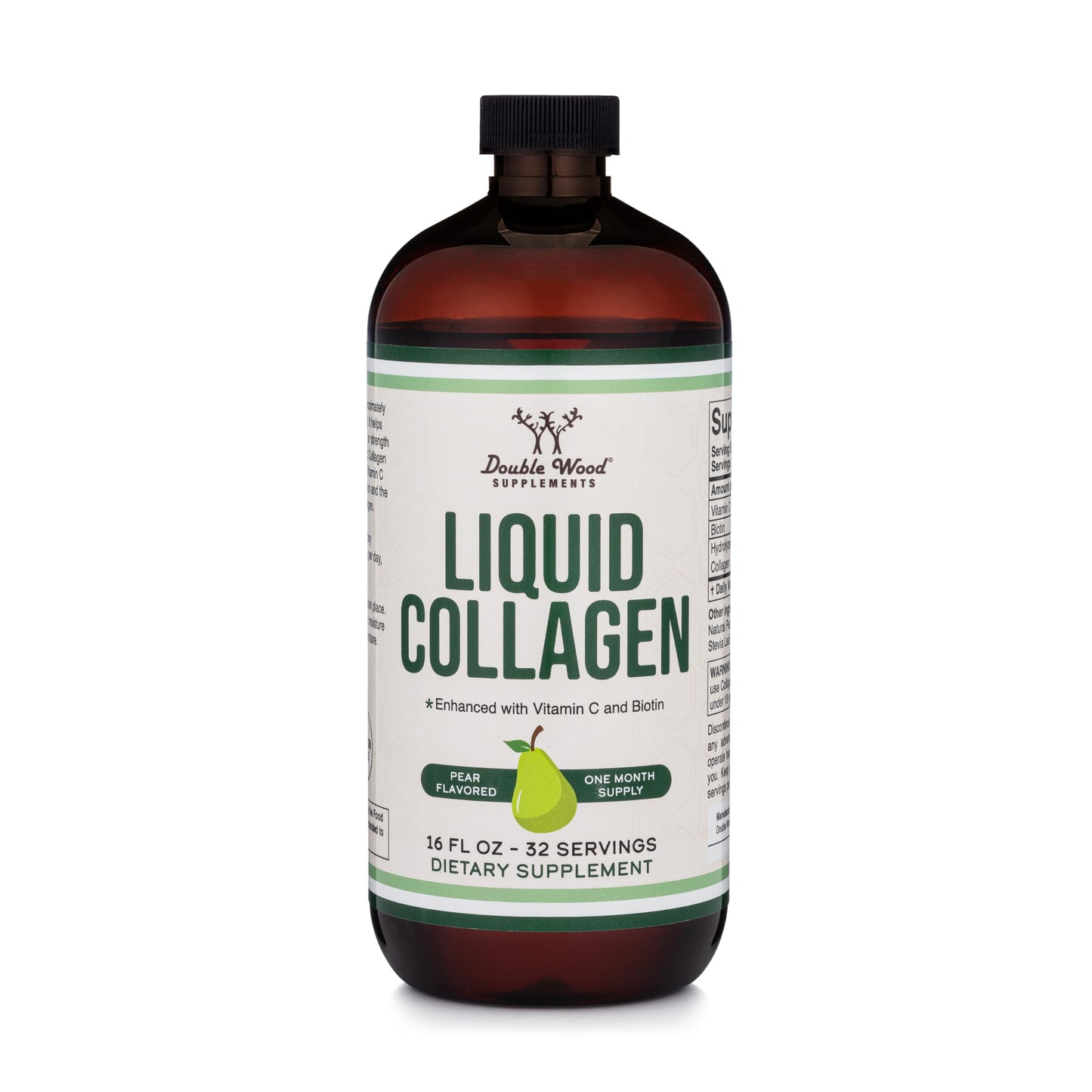 Double Wood Premium Liquid Collagen 2500mg + Biotin - 32 Servings (Grass-Fed, Sugar Free Pear)