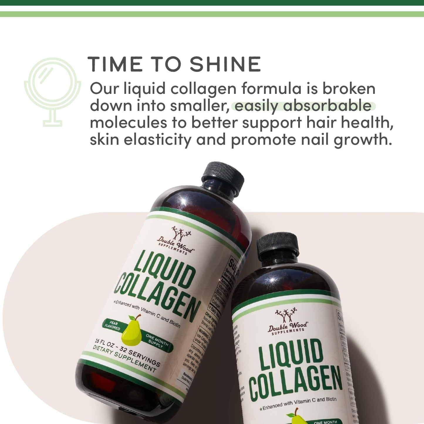 Double Wood Premium Liquid Collagen 2500mg + Biotin - 32 Servings (Grass-Fed, Sugar Free Pear)