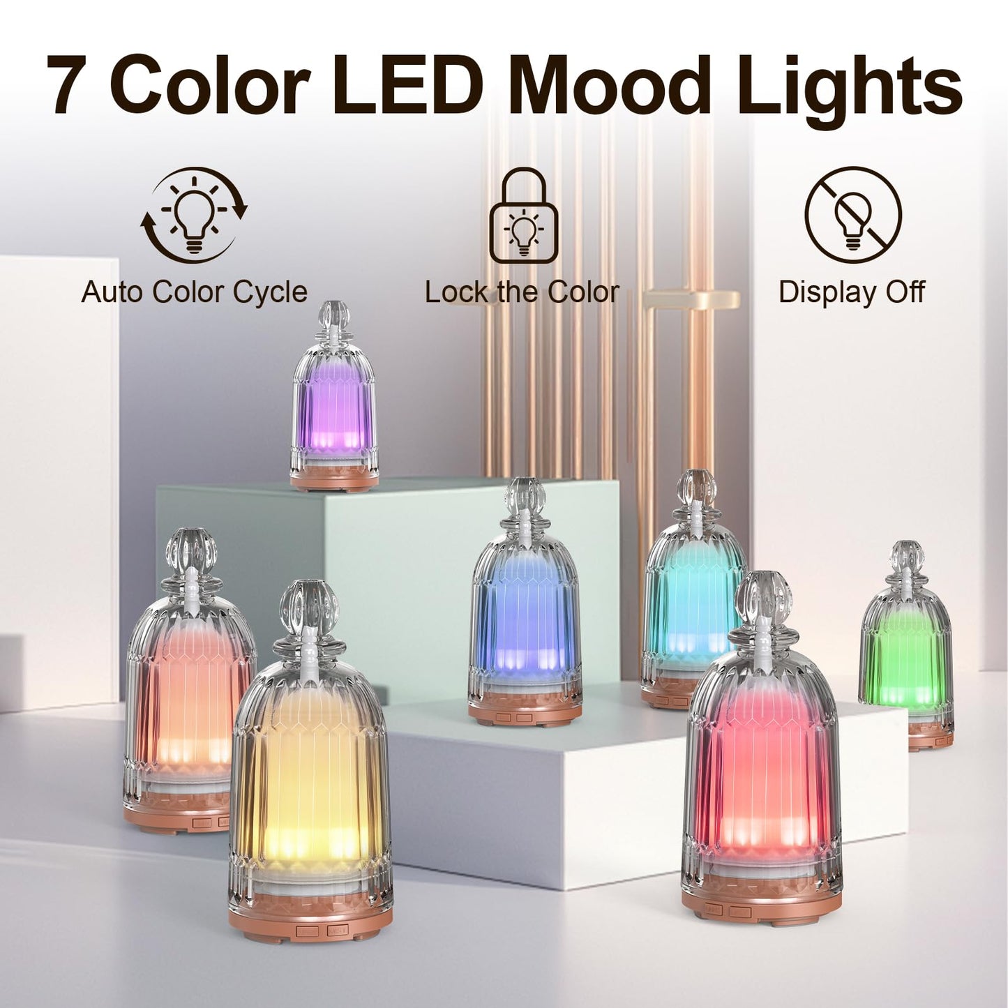 DOUDING 120ml Glass Essential Oil Diffuser | Auto Shut-Off, 7-Color LED | Bronze Base