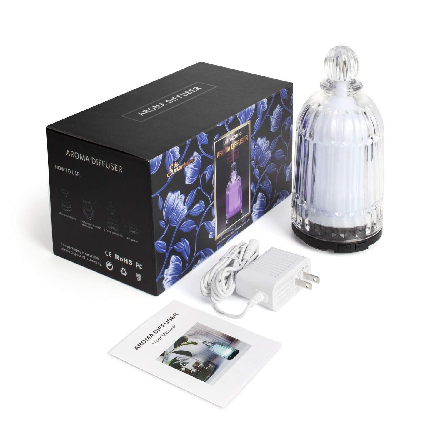 DOUDING 120ml Glass Essential Oil Diffuser | Auto Shut-Off, 7-Color LED | Bronze Base