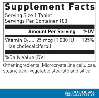 Douglas Laboratories Vitamin D3 1000 IU | Immune & Bone Health | 100 Tablets