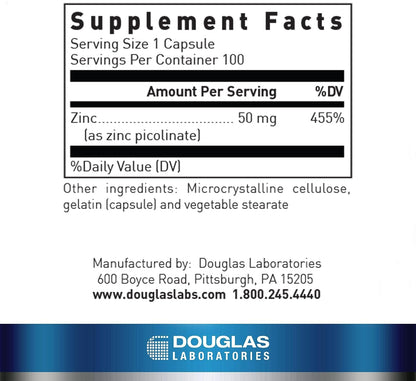 Douglas Laboratories Zinc Picolinate 50 mg – Immune Support & Skin Health | 100 Capsules