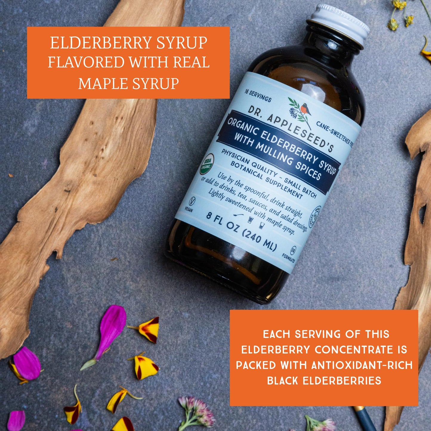Dr. Appleseed's Organic Elderberry Syrup Max Strength 28,000mg – 8 Fl Oz (48 Day Supply)