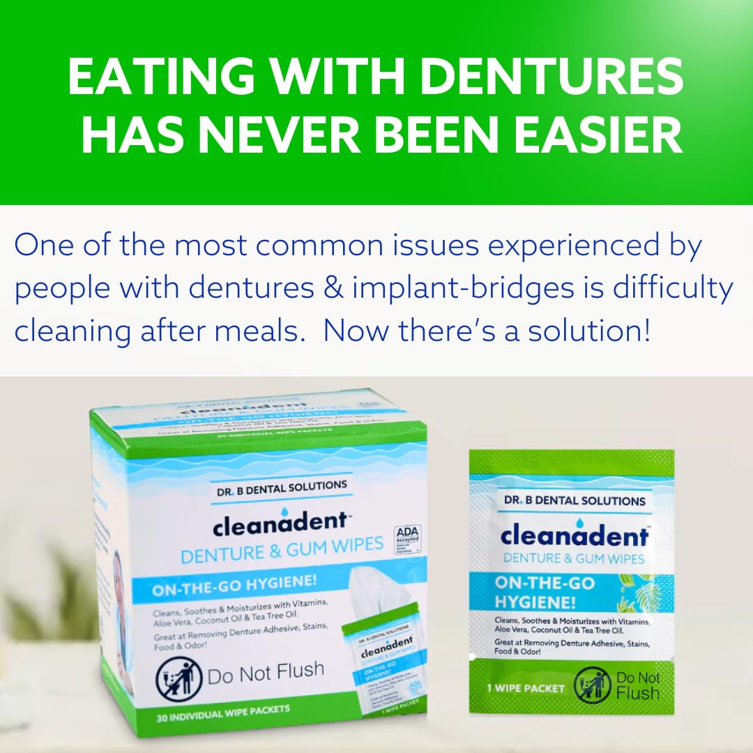 Dr. B Dental Solutions Cleanadent Wipes – Denture Cleaning Wipes, Refreshes Gums, No Artificial Colors/Flavors – 60 Count