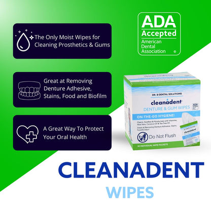 Dr. B Dental Solutions Cleanadent Wipes – Denture Cleaning Wipes, Refreshes Gums, No Artificial Colors/Flavors – 60 Count
