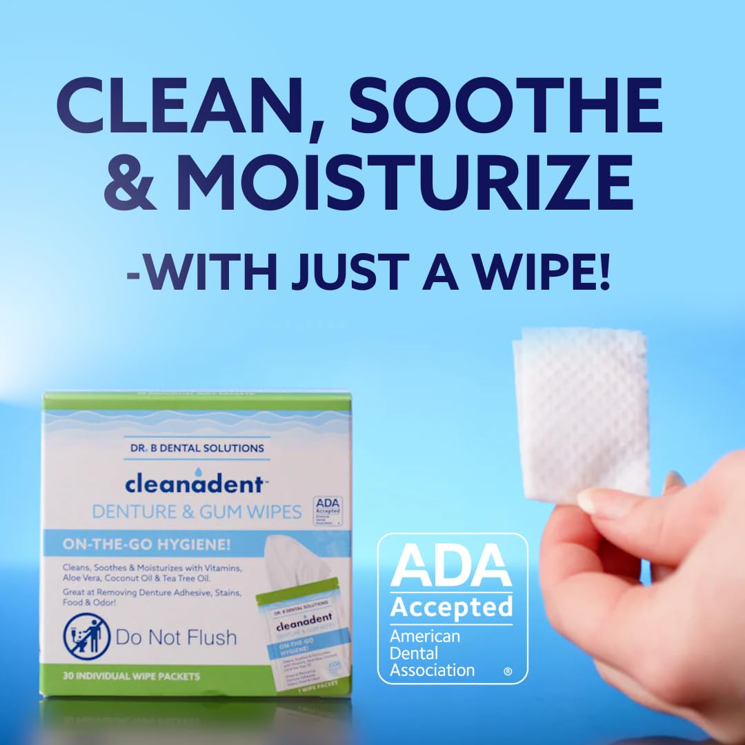 Dr. B Dental Solutions Cleanadent Wipes – Denture Cleaning Wipes, Refreshes Gums, No Artificial Colors/Flavors – 60 Count