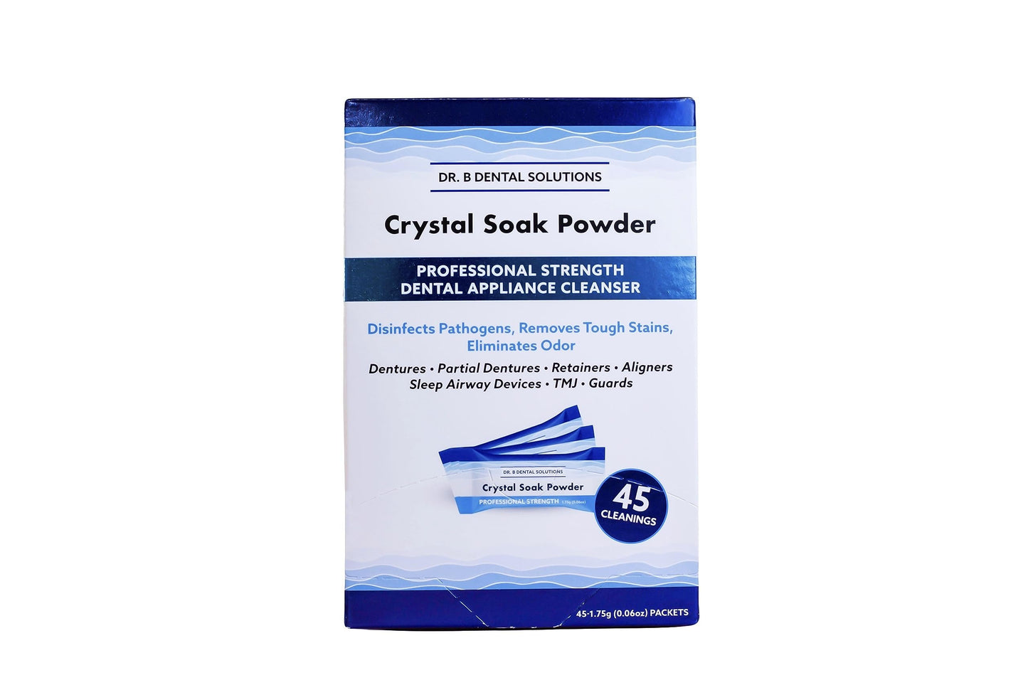Dr. B Dental Solutions Powder Crystal Soak Cleanser – 45 Packs Included (Single Pack) for Dentures, Aligners, Night Guards & Sleep Apnea Devices