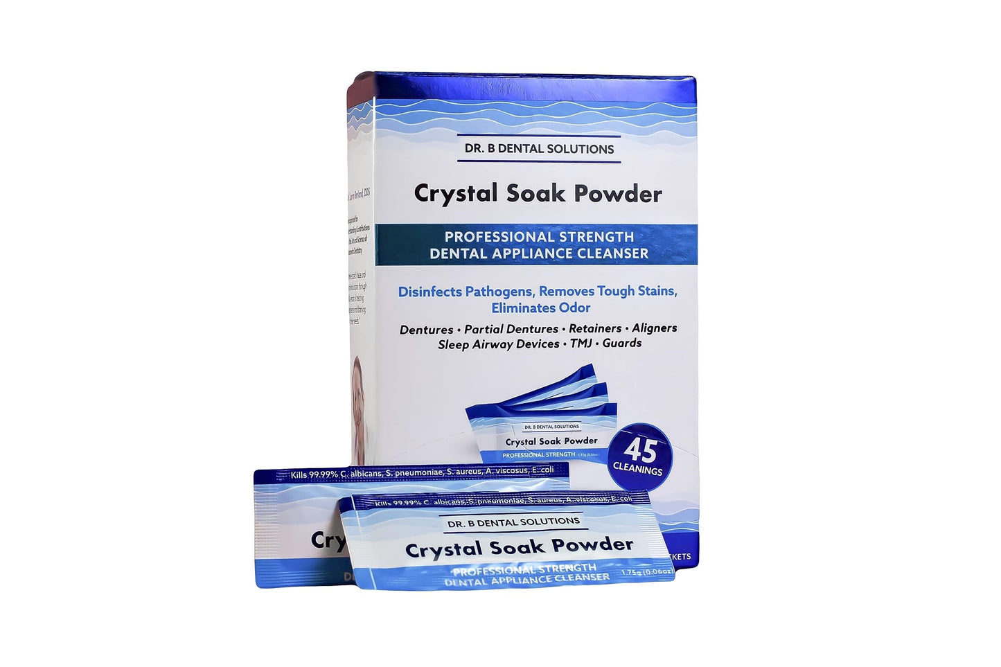 Dr. B Dental Solutions Powder Crystal Soak Cleanser – 45 Packs Included (Single Pack) for Dentures, Aligners, Night Guards & Sleep Apnea Devices