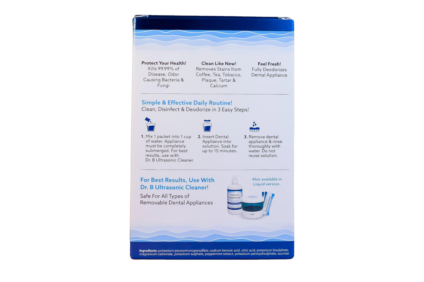 Dr. B Dental Solutions Powder Crystal Soak Cleanser – 45 Packs Included (Single Pack) for Dentures, Aligners, Night Guards & Sleep Apnea Devices
