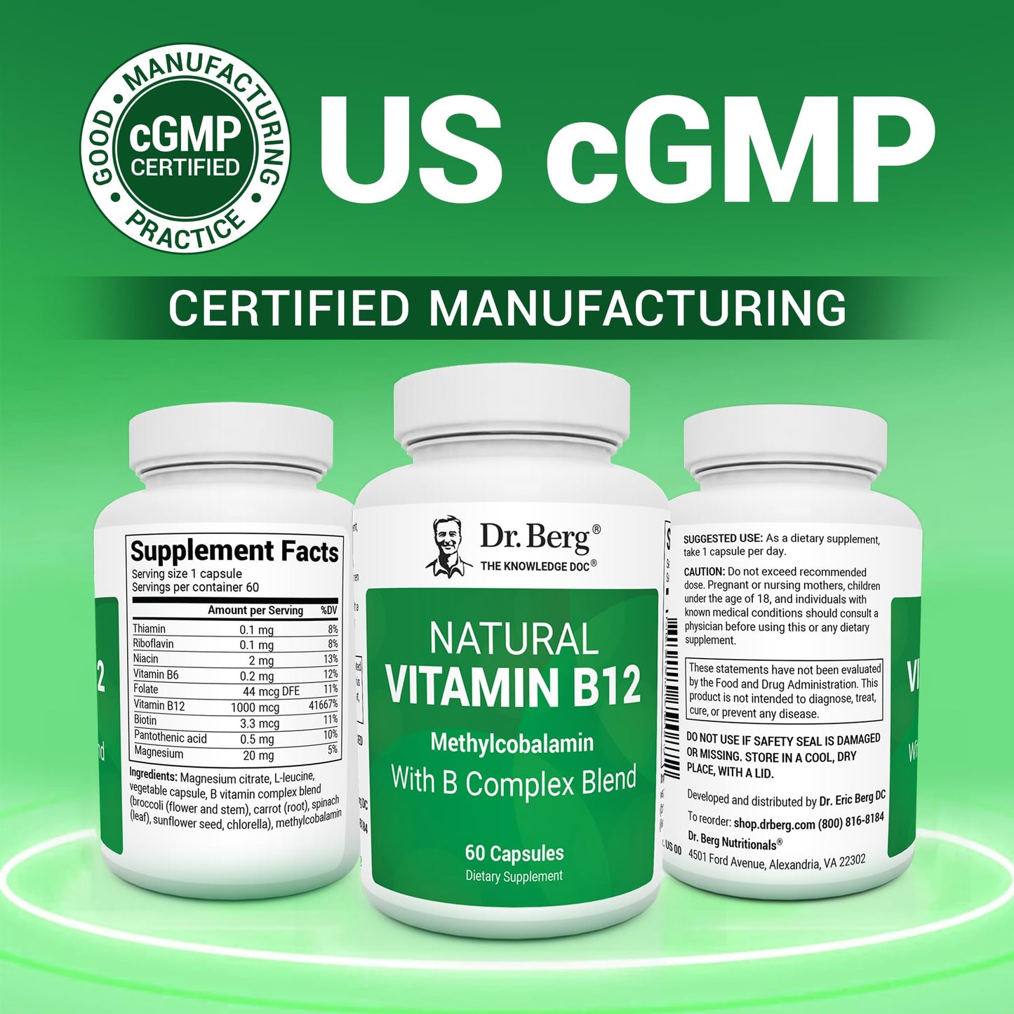Dr. Berg Vitamin B12 1000 mcg with B Complex | Methylcobalamin for Energy, Nerve Health & Cognitive Function | 60 Capsules