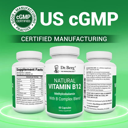 Dr. Berg Vitamin B12 1000 mcg with B Complex | Methylcobalamin for Energy, Nerve Health & Cognitive Function | 60 Capsules