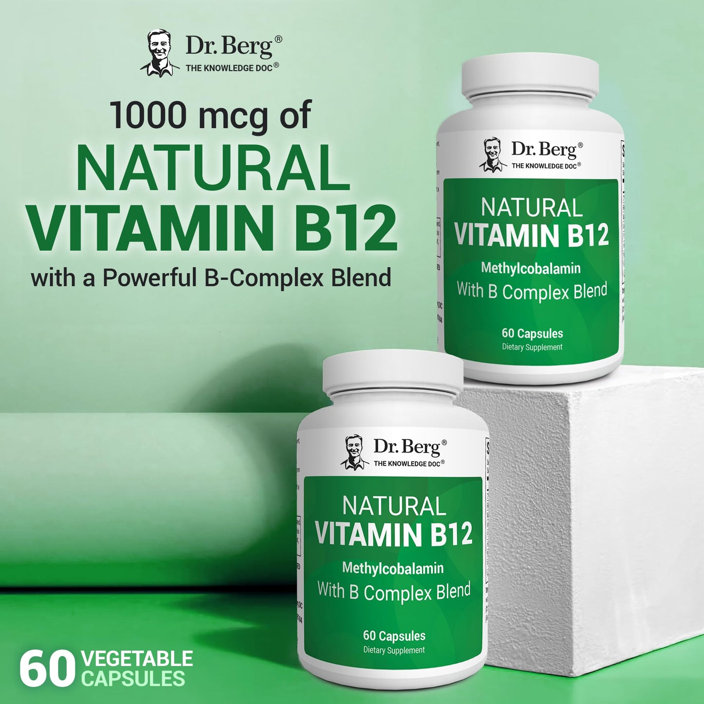 Dr. Berg Vitamin B12 1000 mcg with B Complex | Methylcobalamin for Energy, Nerve Health & Cognitive Function | 60 Capsules