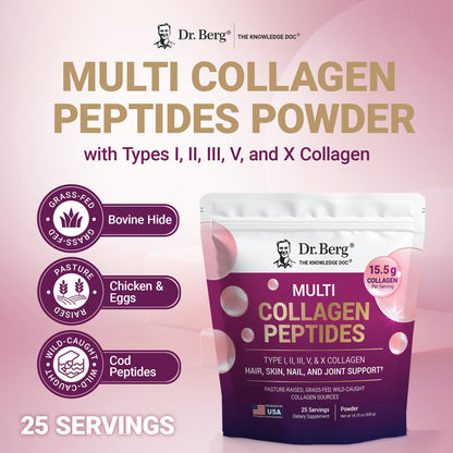 Dr. Berg Multi Collagen Peptides Powder Types I-V – Unflavored, 14 g Protein, 25 Servings
