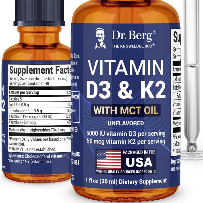 Dr. Berg D3 K2 Liquid Drops with MCT Oil – 5000 IU, Unflavored (1 fl oz)