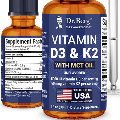 Dr. Berg D3 K2 Liquid Drops with MCT Oil – 5000 IU, Unflavored (1 fl oz)