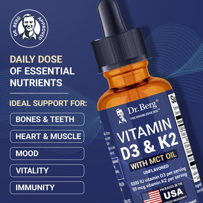 Dr. Berg D3 K2 Liquid Drops with MCT Oil – 5000 IU, Unflavored (1 fl oz)