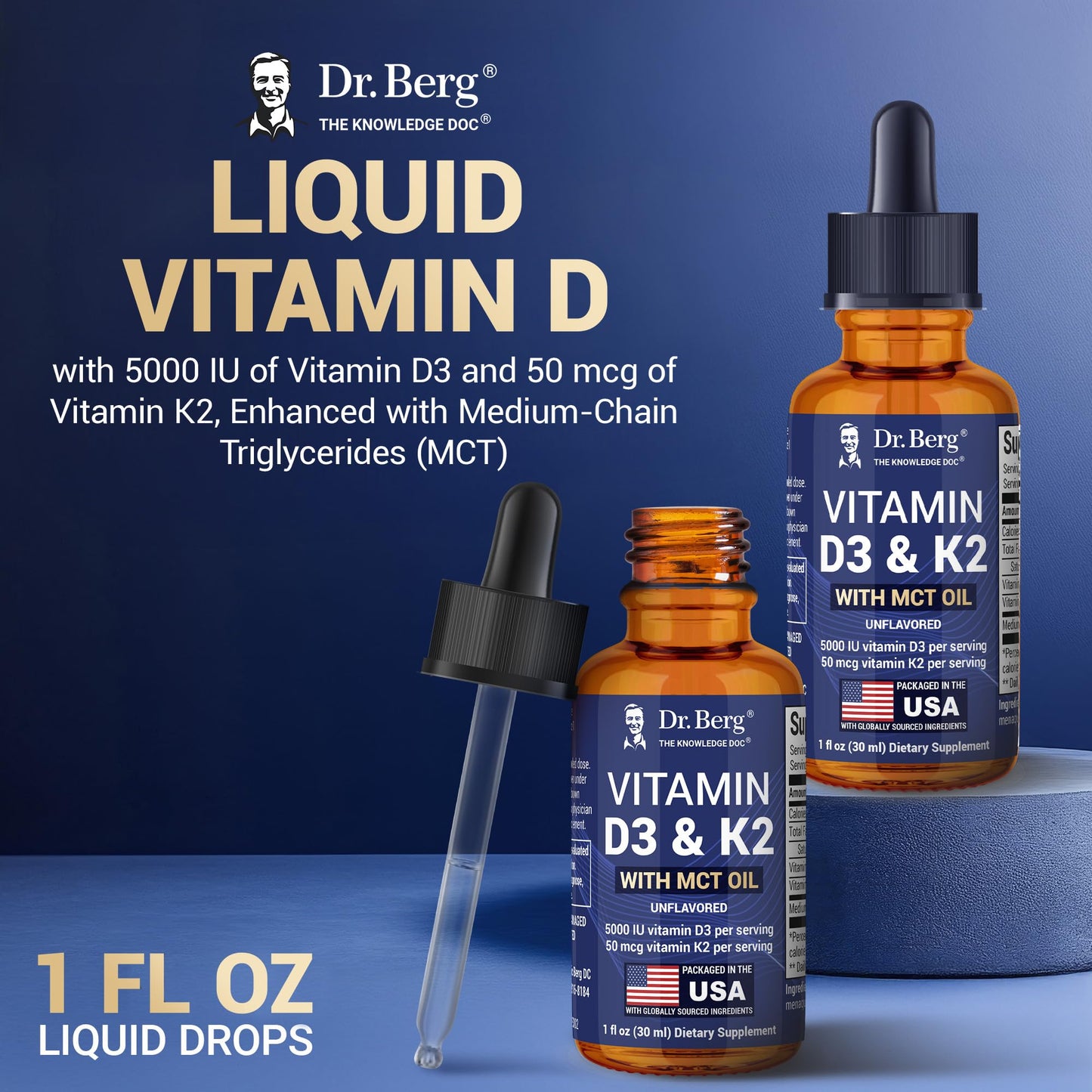 Dr. Berg D3 K2 Liquid Drops with MCT Oil – 5000 IU, Unflavored (1 fl oz)