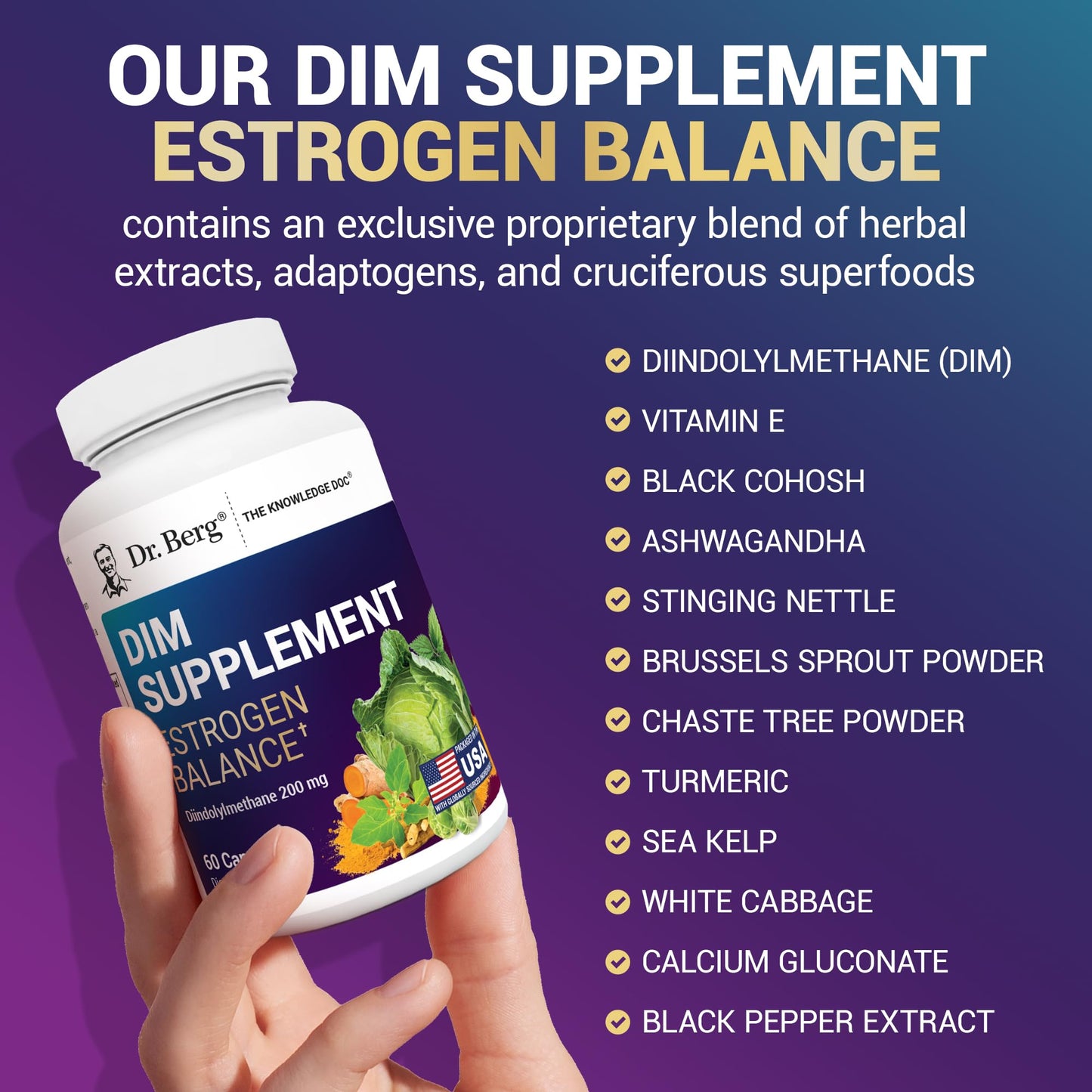 Dr. Berg DIM Supplement for Estrogen Balance – Diindolylmethane + Black Pepper, 60 Capsules