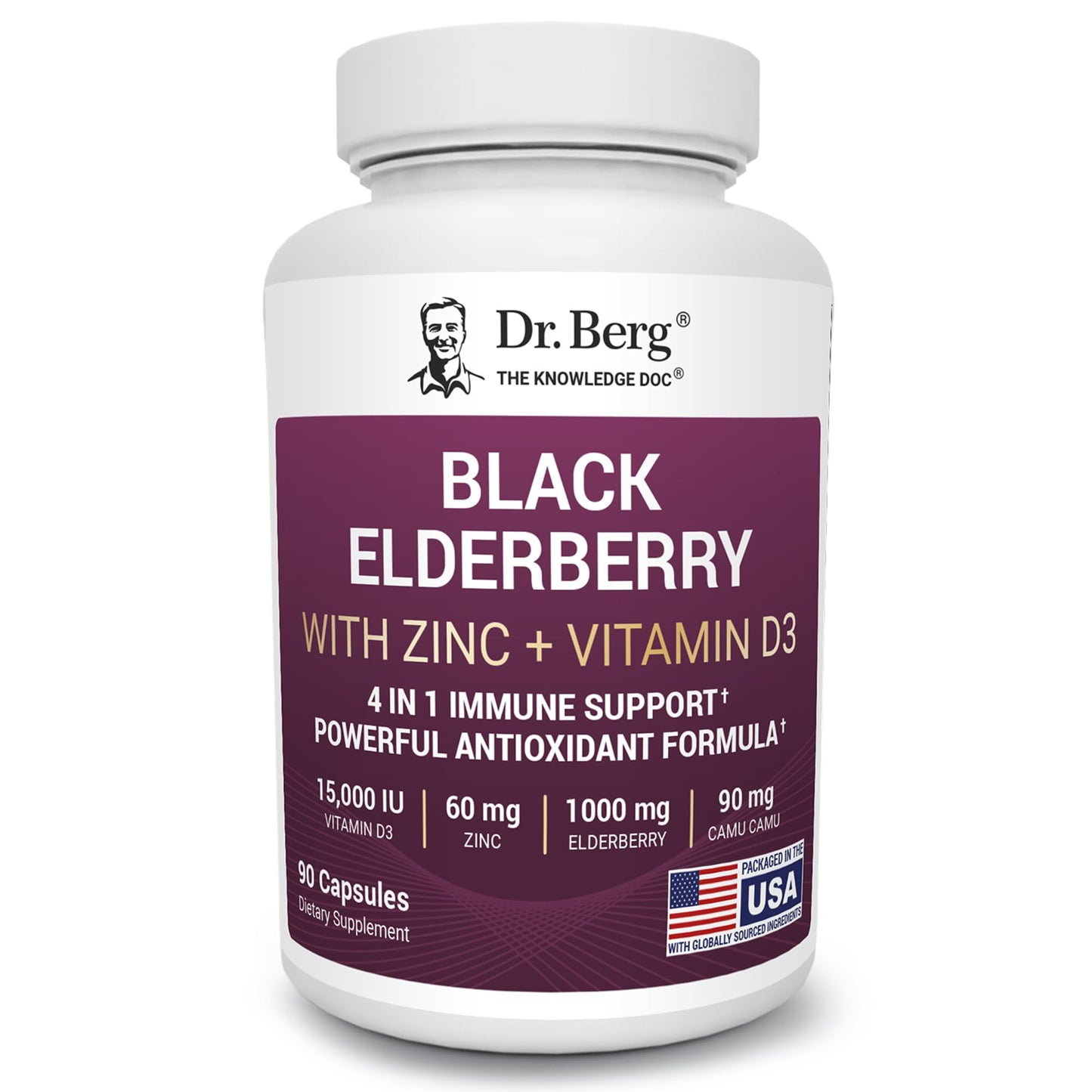 Dr. Berg Black Elderberry Capsules (4-in-1) with 15,000 IU Vitamin D, 60 mg Zinc & 90 mg Camu Camu – Advanced Immune Support, 90 Capsules