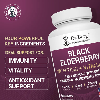 Dr. Berg Black Elderberry Capsules (4-in-1) with 15,000 IU Vitamin D, 60 mg Zinc & 90 mg Camu Camu – Advanced Immune Support, 90 Capsules