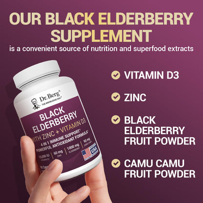 Dr. Berg Black Elderberry Capsules (4-in-1) with 15,000 IU Vitamin D, 60 mg Zinc & 90 mg Camu Camu – Advanced Immune Support, 90 Capsules