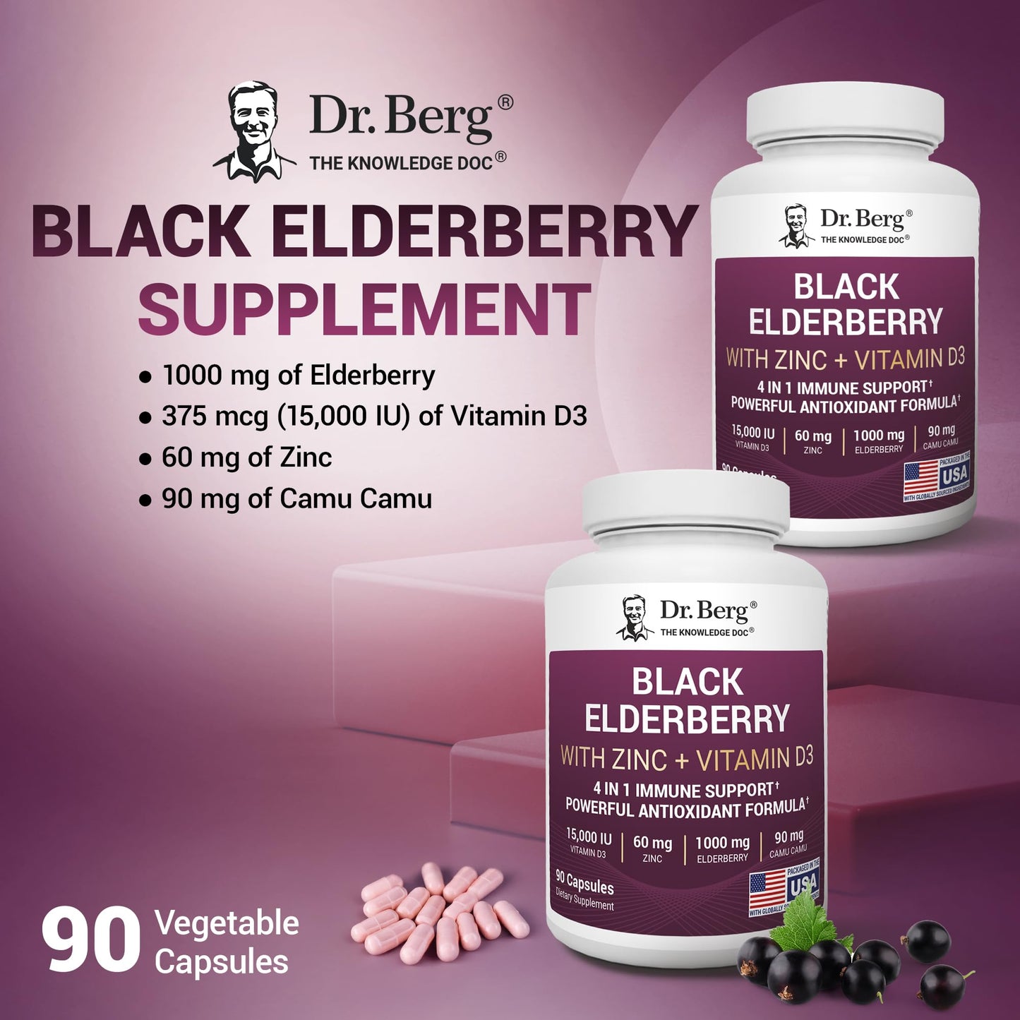 Dr. Berg Black Elderberry Capsules (4-in-1) with 15,000 IU Vitamin D, 60 mg Zinc & 90 mg Camu Camu – Advanced Immune Support, 90 Capsules