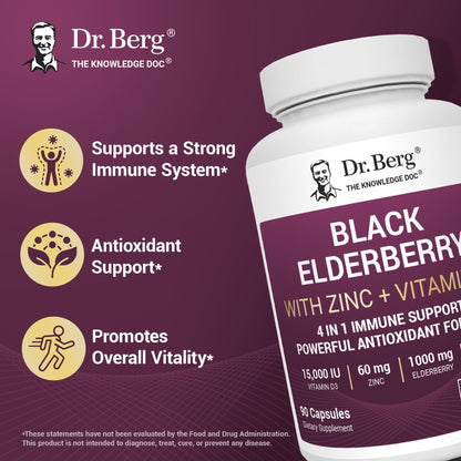 Dr. Berg Black Elderberry Capsules (4-in-1) with 15,000 IU Vitamin D, 60 mg Zinc & 90 mg Camu Camu – Advanced Immune Support, 90 Capsules