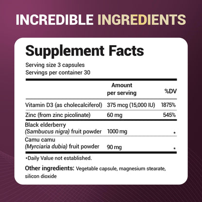 Dr. Berg Black Elderberry Capsules (4-in-1) with 15,000 IU Vitamin D, 60 mg Zinc & 90 mg Camu Camu – Advanced Immune Support, 90 Capsules