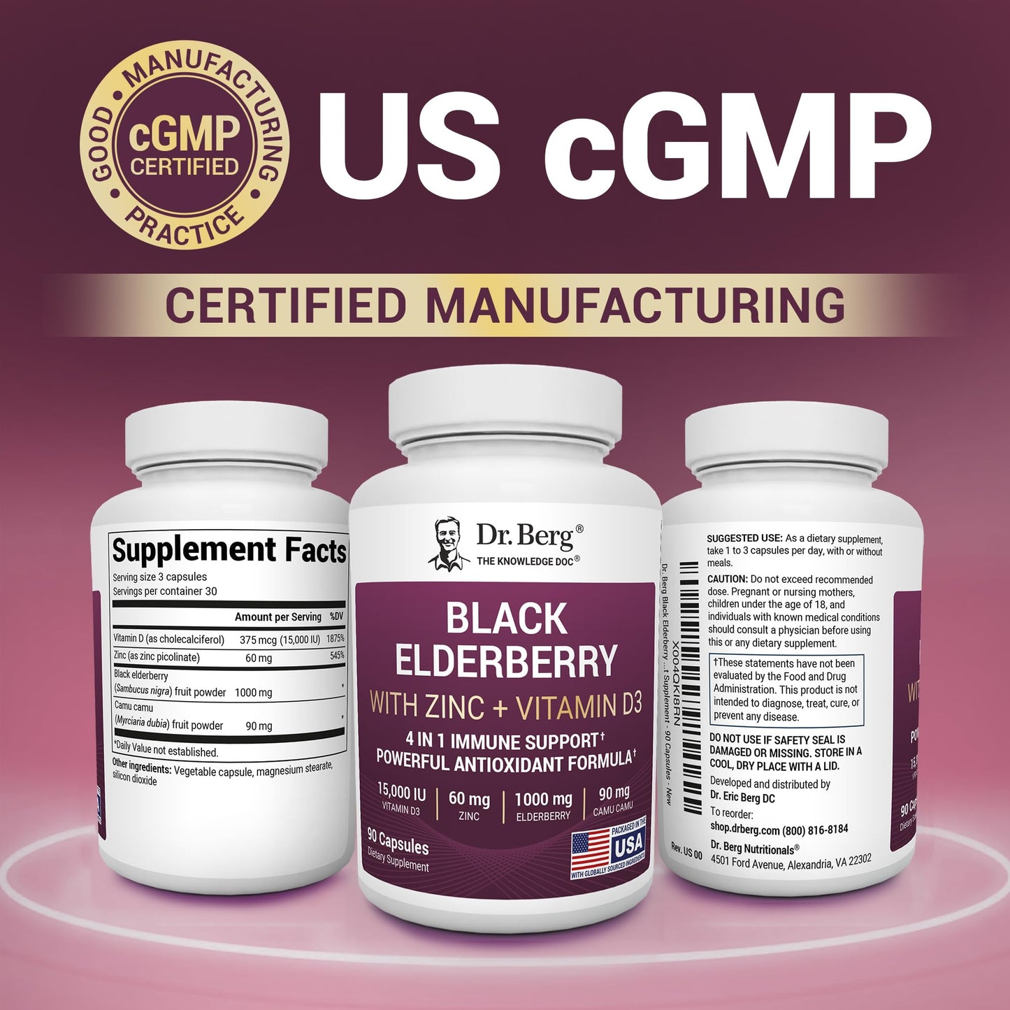 Dr. Berg Black Elderberry Capsules (4-in-1) with 15,000 IU Vitamin D, 60 mg Zinc & 90 mg Camu Camu – Advanced Immune Support, 90 Capsules