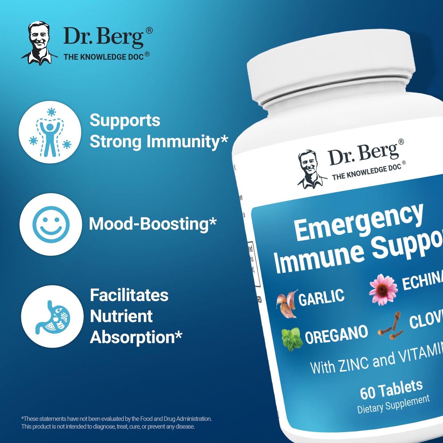 Dr. Berg Immune Support with Echinacea | Vitamin D 2000 IU & Zinc 10 mg | 60 Tablets