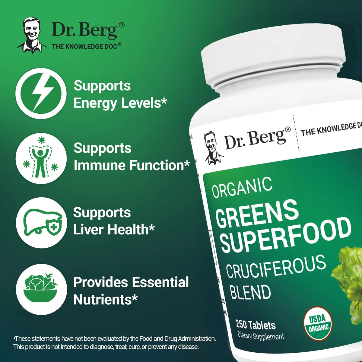 Dr Berg Nutritionals Greens Superfood Tablets – 11 Phytonutrient Cruciferous Veg, 250 Tablets BritishVita | Premium UK Vitamins & Wellness Supplements