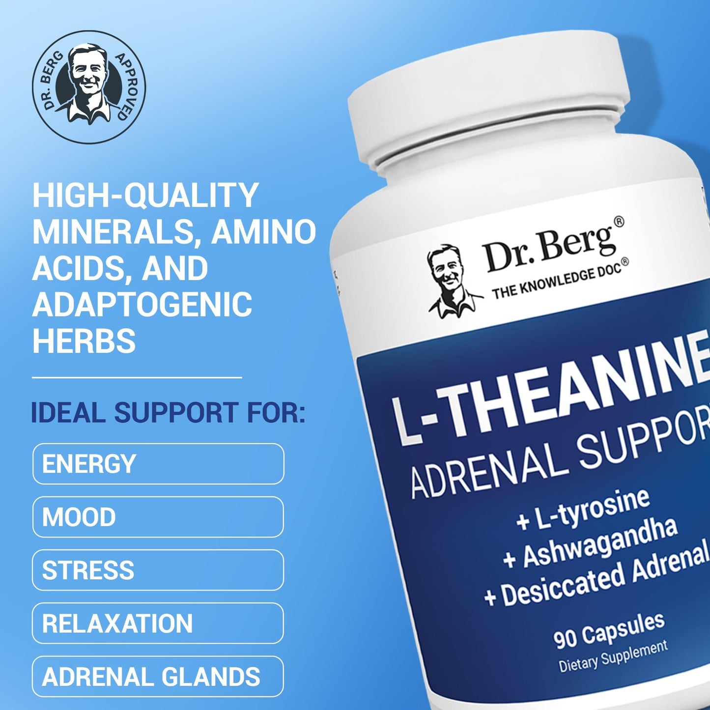 Dr. Berg L-Theanine 200mg - Adrenal Support, Stress Relief & Mental Clarity - 90 Gelatin Capsules