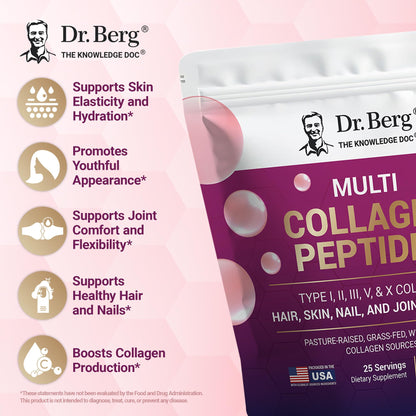 Dr. Berg Multi Collagen Peptides Powder Types I-V – Unflavored, 14 g Protein, 25 Servings