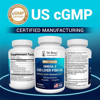 Dr. Berg Maximum Strength Omega-3 Cod Liver Oil 1250 mg – Wild-Caught Cod | Lemon Flavor | EPA/DHA | 60 Softgels