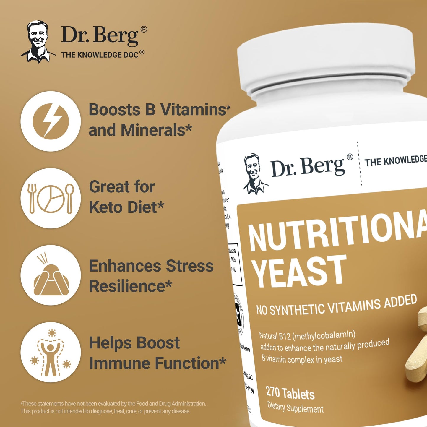 Dr. Berg Yeast Tablets – 8 B Vitamins, Vanilla Flavor, 270 Vegan Tablets